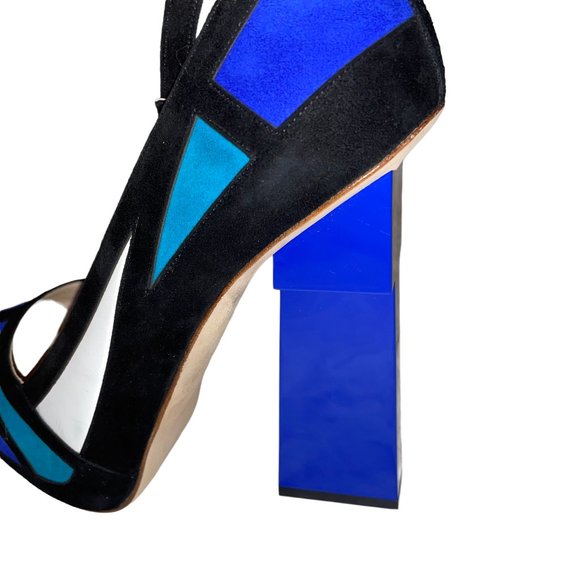 New Aperlai Geisha Mondrian Blue Suede Platform Heels Pumps Sz 38.5 Designer - Picture 7 of 13